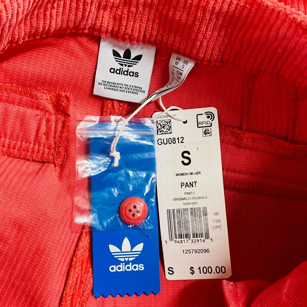 Adidas Womens Small Pants Pink Corduroy Straight High Waist Logo Stripe NWT BB29 - Picture 2 of 6